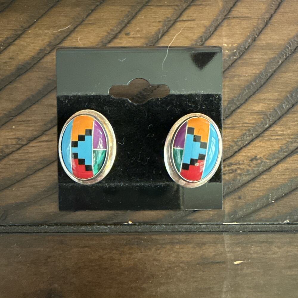 Zuni Sterling Silver Multi Stone Inlay Oval Earrings Sterling Vintage (118)